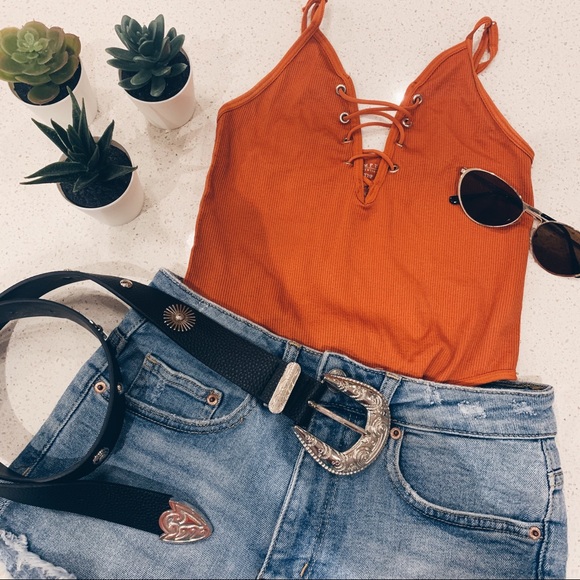 Revamped Tops - ORANGE BODYSUIT • Lace-up Thong • Size XS/S